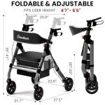 BlessReach Heavy-Duty Aluminum Rolling Walker - Foldable Rollator Walkers with Seat for Seniors, 450 lb Capacity, 8'' Wheels, 18" Big Seat, 6-Position Height(Gray)