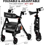 BlessReach Rollator Walker 450lb Heavy Duty w/ Seat Foldable 8” Wheels, Black