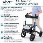 Vive All-Terrain Rollator Walker w/ 12” Pneumatic Wheels, Padded Seat & Backrest