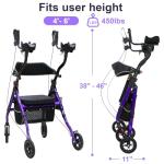 BlessReach Heavy Duty Upright Rollator Walker for Seniors, 450lb Capacity, 6 Height Adjustments, 8" All-Terrain Wheels, Padded Seat & Backrest, Easy Assembly, Foldable Design (Purple)