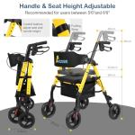 Lightweight Foldable Rollator Walkers for Seniors with Seat - Adult Rolling Walker with Seat and Brakes, 300 lb Capacity, All Terrain 8" Big Roller Wheels, Adjustable Handles and Seat Height, Yellow