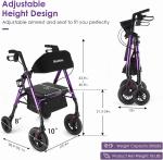 Rollator Walker W/ Seat 300Lb 10" All Terrain Folding Adjustable Purple