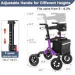 Rollator Walker for Seniors, Foldable All Terrain Rolling Walker with seat, Aluminum Walkers with 10 inch Rubber Wheels, Adjustable Handles and Backrest for Seniors (Purple)