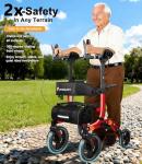 Lightweight Upright Rollator Walker All-Terrain Foldable with seat and Adjustable Height backrest, 300 lbs Capacity, 10" Front & 8" Rear Wheels for Seniors, Adults, bariatric, Includes Cane Holders