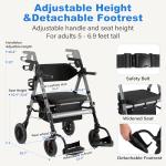StrollAid Walkers for Seniors 2 in 1 Wheelchair Combo, 450 lb Foldable Rollator Transport Chair with Seat, Heavy Duty Rolling Walker 10" Wheels for All Terrain, Grey