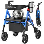 Steppilot Foldable Rollator Walker with Seat for Seniors - 500lbs Capacity & 16lbs Lightweight, 8" All Terrain Wheels, Zero Wobble Design, 10-Level Adjustable Handle/Seat, Cup Holder & Cane Clip