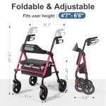 Lightweight Foldable Rollator Walker with Seat - Red