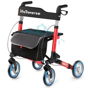 Lightweight Folding Rollator Walker with Seat - Red