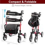 Lightweight Folding Rollator Walker with Seat - Red