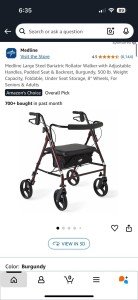 Burgundy Heavy Duty Bariatric Rollator Walker with Wide Seat and Adjustable H...