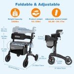 Lightweight Carbon Fiber Rollator with Seat 265 lbs Capacity