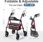 Lightweight Foldable Rollator Walker with Seat, 350 lb Capacity
