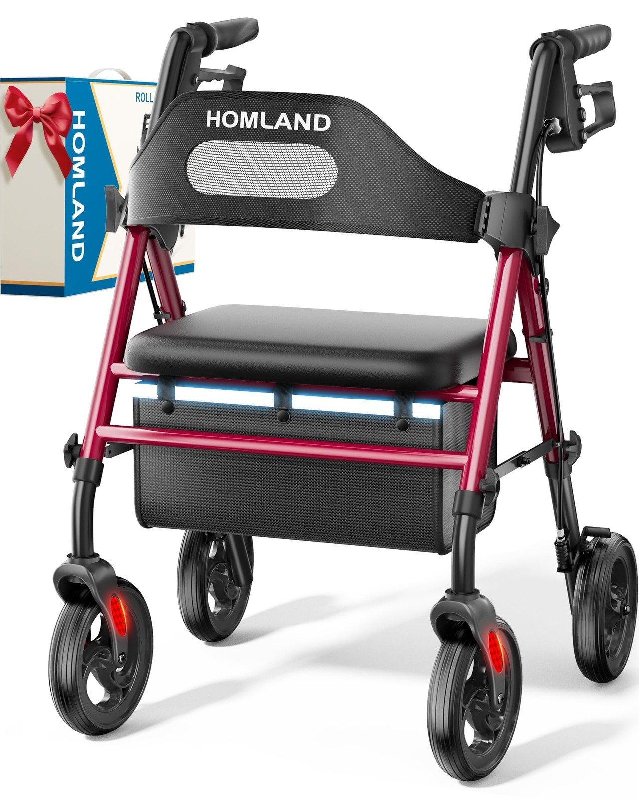 Lightweight Foldable Rollator Walker with Seat - Red