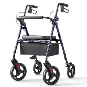 Lightweight Blue Rollator Walker with Padded Seat