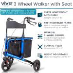 Vive Lightweight 3 Wheel Rollator Walker with Seat