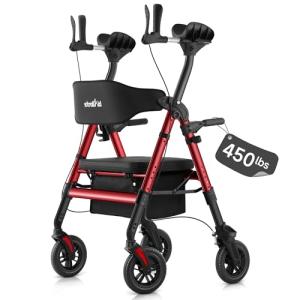 StrollAid Upright Walkers for Seniors, Stand Up Rollator Walker with Padded Seat and Backrest, Heavy Duty Forearm Rollator with Support Handrail, Holds up to 450 pounds, Compact Folding, Red