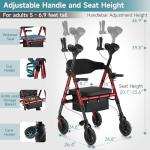 StrollAid Upright Walkers for Seniors, Stand Up Rollator Walker with Padded Seat and Backrest, Heavy Duty Forearm Rollator with Support Handrail, Holds up to 450 pounds, Compact Folding, Red