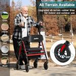 StrollAid Upright Walkers for Seniors, Stand Up Rollator Walker with Padded Seat and Backrest, Heavy Duty Forearm Rollator with Support Handrail, Holds up to 450 pounds, Compact Folding, Red