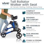 Vive Tall All-Terrain Rollator Walker with Seat