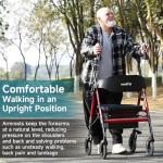 StrollAid Upright Walkers for Seniors, Stand Up Rollator Walker with Padded Seat and Backrest, Heavy Duty Forearm Rollator with Support Handrail, Holds up to 450 pounds, Compact Folding, Red