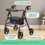 Medline Bariatric Rollator, 500 lb Capacity, Burgundy