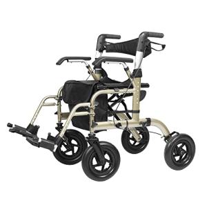 ELENKER All-Terrain 2 in 1 Rollator Walker & Transport Chair, Folding Wheelchair with All 10” Wheels for Seniors, Reversible Backrest & Detachable Footrests, Champagne