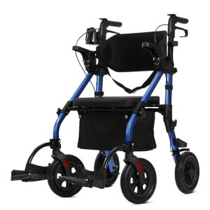 ELENKER All Terrain Rollator Walker Transport Wheelchair Combo, 2 in 1 Rolling Walker with Padded Seat and Wide Backrest, Blue