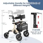 MAXWALK Walkers for Seniors, Rollator Walker with Seat, 10" Rubber Wheels All Terrain Rollator Walker with Backrest, Aluminum Walkers Built-in Cable, Foldable and Adjustable Height for Seniors, Beige
