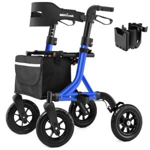 Rollator Walker for Seniors, Foldable All Terrain Rolling Walker with seat, Aluminum Walkers with 10 inch Rubber Wheels, Built-in Cable, Cup Holder, Adjustable Handles and Backrest for Seniors, Blue