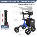 Rollator Walker for Seniors, Foldable All Terrain Rolling Walker with seat, Aluminum Walkers with 10 inch Rubber Wheels, Built-in Cable, Cup Holder, Adjustable Handles and Backrest for Seniors, Blue