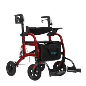 ELENKER Rollator Walker Transport Wheelchair Combo with Shock Absorber, 2 in 1 Rolling Walker with Seat, All Terrain Wheels for Seniors, Red