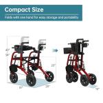 ELENKER Rollator Walker Transport Wheelchair Combo with Shock Absorber, 2 in 1 Rolling Walker with Seat, All Terrain Wheels for Seniors, Red
