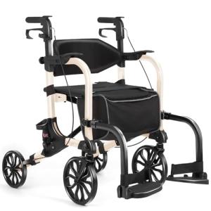Flyingjoy 2-in-1 Heavy Duty Rollator Walker with 10" Front & 8" Rear Airless Tires, Foldable Transport Wheelchair for Seniors, Supports Up to 300 lbs, Adjustable Height, Safety Features, Easy Storage
