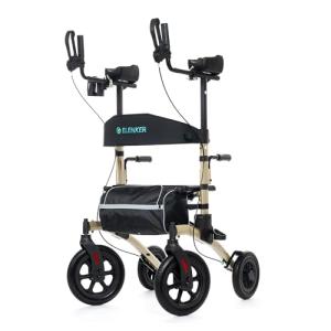 ELENKER All-Terrain Upright Rollator Walker, Stand up Rolling Walker with Seat, 12” Non-Pneumatic Tire Wheels, Compact Folding Design for Seniors, Champagne