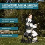 ELENKER All-Terrain Upright Rollator Walker, Stand up Rolling Walker with Seat, 12” Non-Pneumatic Tire Wheels, Compact Folding Design for Seniors, Champagne