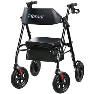 Farani All Terrain Rollator Walker - 10" Non-Pneumatic Tires, Cushion Seat & Padded Backrest, Ergonomic Dual Height Adjustable Handles, Foldable Aluminum Walker for Seniors, Black