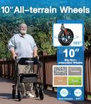Farani All Terrain Rollator Walker - 10" Non-Pneumatic Tires, Cushion Seat & Padded Backrest, Ergonomic Dual Height Adjustable Handles, Foldable Aluminum Walker for Seniors, Black