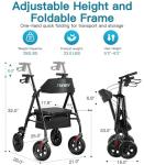 Farani All Terrain Rollator Walker - 10" Non-Pneumatic Tires, Cushion Seat & Padded Backrest, Ergonomic Dual Height Adjustable Handles, Foldable Aluminum Walker for Seniors, Black