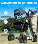 Farani All Terrain Rollator Walker - 10" Non-Pneumatic Tires, Cushion Seat & Padded Backrest, Ergonomic Dual Height Adjustable Handles, Foldable Aluminum Walker for Seniors, Black