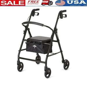 Folding Rollator Walker 4 Wheels Heavy Duty Steel Frame Padded Seat Storage Bag