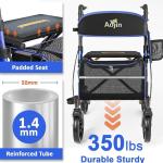 Aojin Rollator Walker Seniors Foldable 8" All-Terrain Wheels Big Seat 18” BLUE