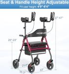 Upright Walkers for Seniors, Stand Up Rollator Walker with Adjustable Padded Armsupport & Seat, Folding Rolling Walker with 8'' Wheel Suitable for All Terrain, Red