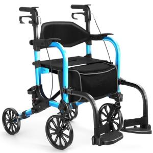 Flyingjoy 2-in-1 Heavy Duty Rollator Walker with 10" Front & 8" Rear Airless Tires, Foldable Transport Wheelchair for Seniors, Supports Up to 300 lbs, Adjustable Height, Safety Features, Easy Storage