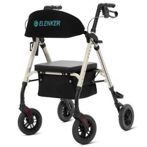 ELENKER All-Terrain Rollator Walker with 8” Non-Pneumatic Wheels, Sponge Padded Seat and Backrest, Fully Adjustment Frame for Seniors, Champagne