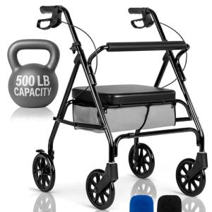 Vive Bariatric Rollator Walker for Seniors - 500 lbs Capacity - Rolling Walker with Seat Lightweight Easy Folding - Mobility Aids & Equipment - Adult Heavy Duty 4 Wheel Rollator with Brakes (Black)