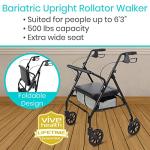 Vive Bariatric Rollator Walker for Seniors - 500 lbs Capacity - Rolling Walker with Seat Lightweight Easy Folding - Mobility Aids & Equipment - Adult Heavy Duty 4 Wheel Rollator with Brakes (Black)