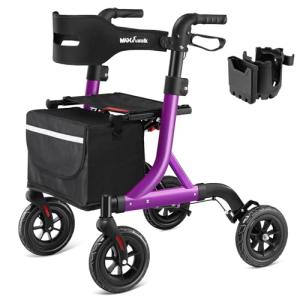 MAXWALK Walkers for Seniors, Rollator Walker with Seat, 8" Rubber Wheels All Terrain Rollator Walker with Backrest, Aluminum Walkers Built-in Cable, Foldable and Adjustable Height for Seniors, Purple