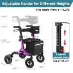 MAXWALK Walkers for Seniors, Rollator Walker with Seat, 8" Rubber Wheels All Terrain Rollator Walker with Backrest, Aluminum Walkers Built-in Cable, Foldable and Adjustable Height for Seniors, Purple