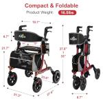 Rollator Walkers for Seniors with Seat, Foldable Walkers for Seniors, 8" All-Terrain Wheels, 18" Big Seat, 6-Level Adjustable Height Rolling Walker, 350 lb, Walker for Seniors & Adults (Burgundy)