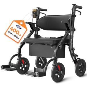 VOCIC Walkers for Seniors Z59, 2 in 1 Walker Wheelchair Combo, 400 LBS Weight Capacity, 10" All Terrain Rollator with Extra Wide Seat & Backrest, Heavy Duty Rollator with Cup Holder，FSA HSA Eligible